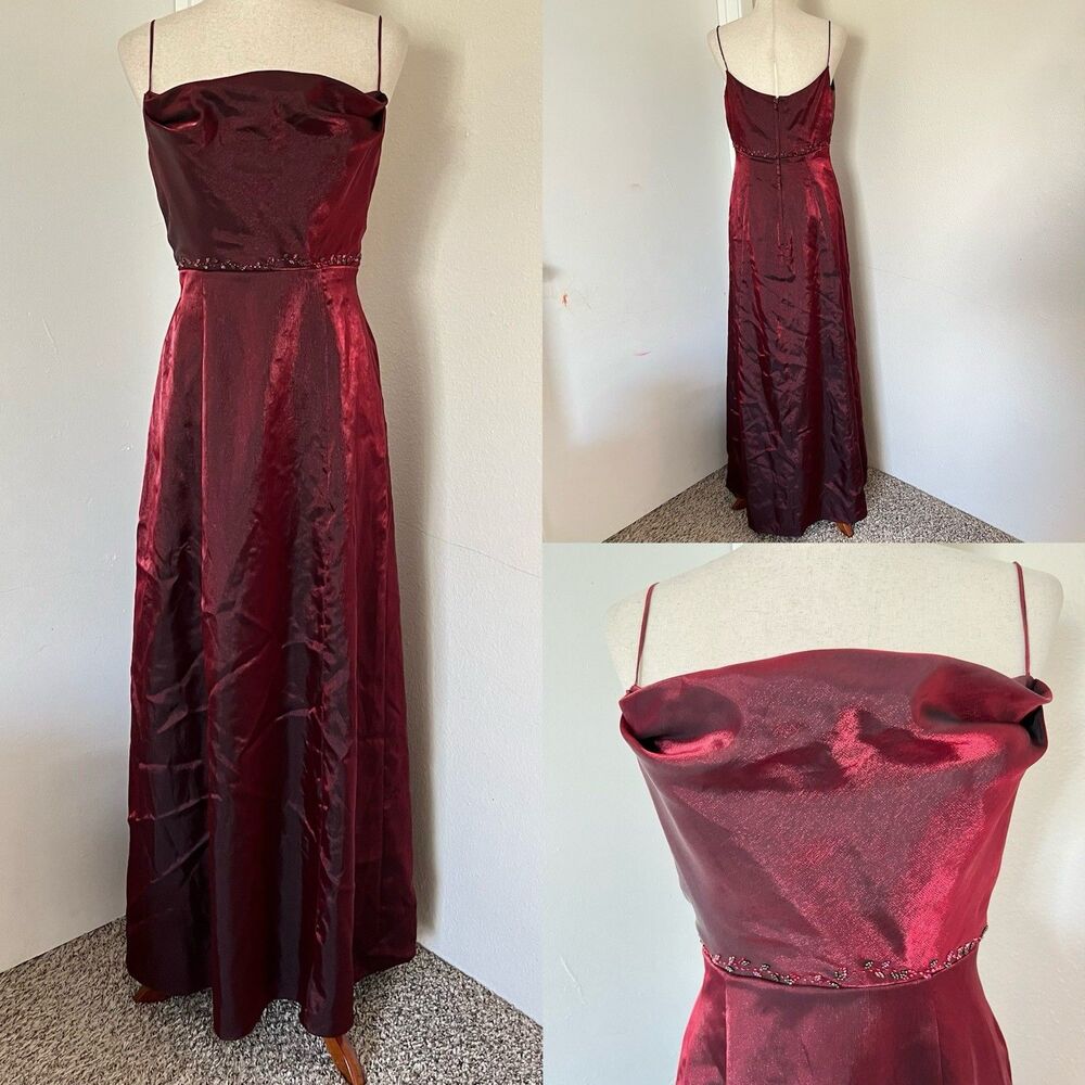 VTG Burgundy Dress Y2K Beaded Ruched Neck Evening Gown Gothic Grunge Gyaru Sz 10